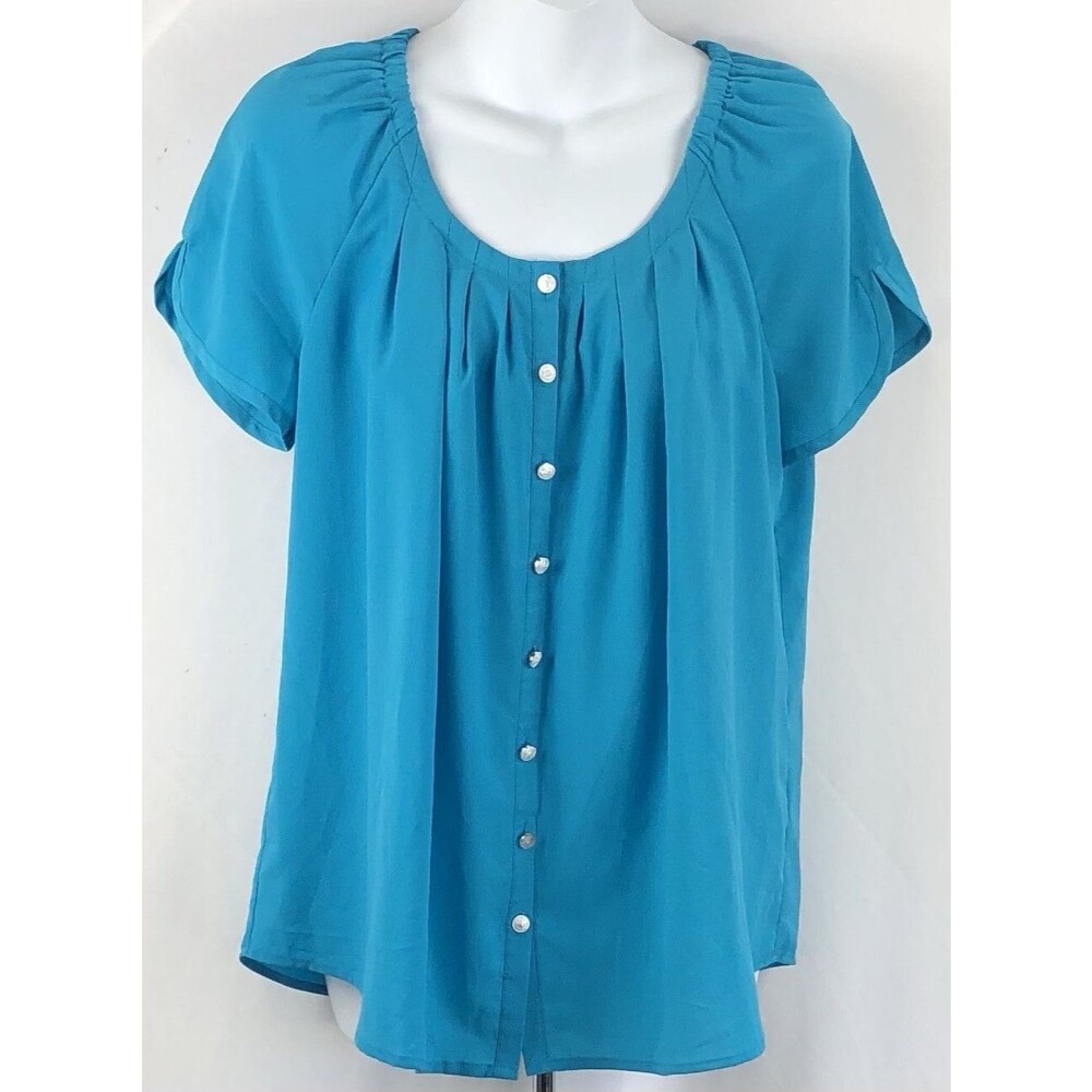 Spence Baby doll Flowy Top M Aqua Pleated ScoopNeck Button Up Split ShortSleeve